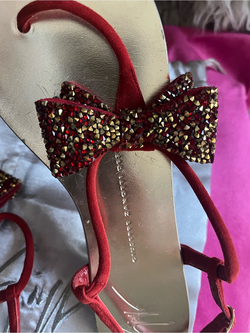 Giuseppe Zanotti Red and Gold Crystal Bow Flat Sandals